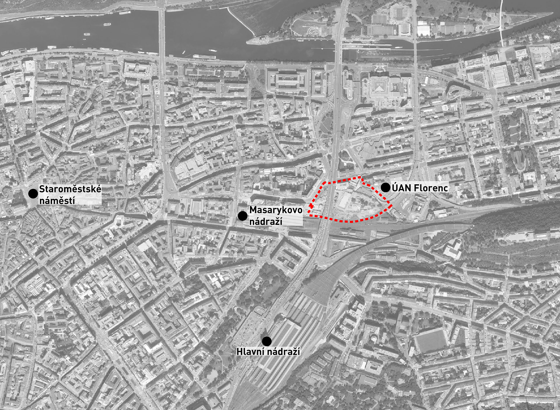 Florenc21: Etapa Západ, řešené území architektonických soutěží na podkladu ortofoto mapy, zdroj: ONplan, 2024