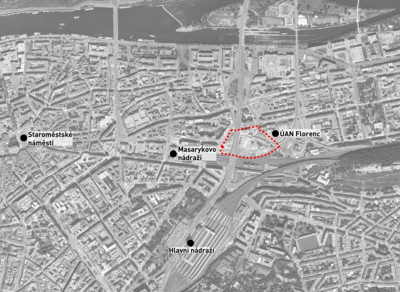 Florenc21: Etapa Západ, řešené území architektonických soutěží na podkladu ortofoto mapy, zdroj: ONplan, 2024
