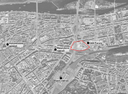 Florenc21: Etapa Západ, řešené území architektonických soutěží na podkladu ortofoto mapy, zdroj: ONplan, 2024