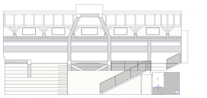 Změna využití prostoru uhelny VŠCHT, podélný řez, ov-a