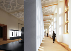 Pohled do expozice módy, v pravé části vizualizace jsou patrné průhledy skrze celou budovu, vizualizace, Tomáš Varga, Jakub Jansa a 20YY Designers