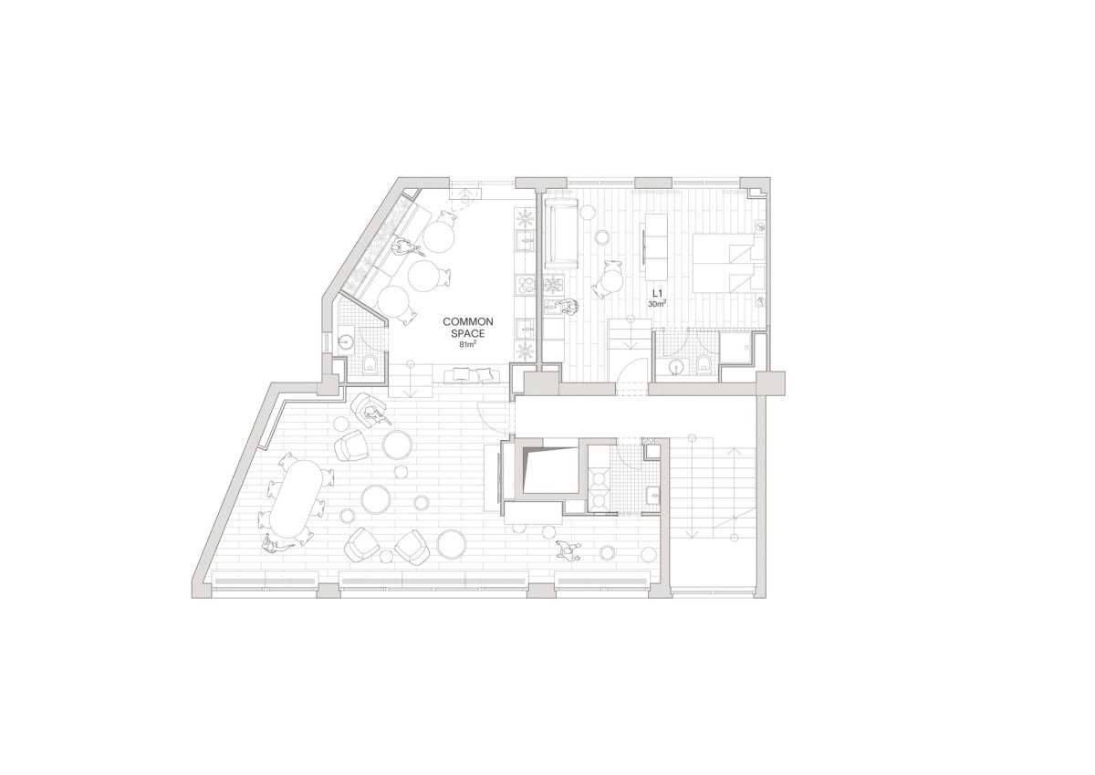 Půdorys 1. NP (Metropol Be One Apartments v Bratislavě od BEEF ARCHITEKTI)