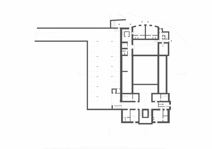 Revitalizace areálu Sokolovny v Rokycanech, Rusina Frei architekti / Martin Rusina, Martin Frei, Gabriela Sládečková, půdorys 1PP