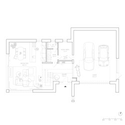 Půdorys 1. nadzemní podlaží – razítka (Industriální přestavba rodinného domu; Atel!er)