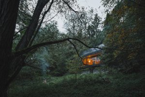 Původní chata u Sázavy se proměnila v moderní úkryt mezi lesy a skalami (Chata u Sázavy mezi skálou a řekou; Mimosa Architekti)
