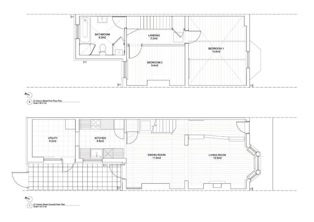 ASSEMBLE, renovace čtyř ulic v Granby Street, 1.NP a 2.NP jednoho z domů, výkres