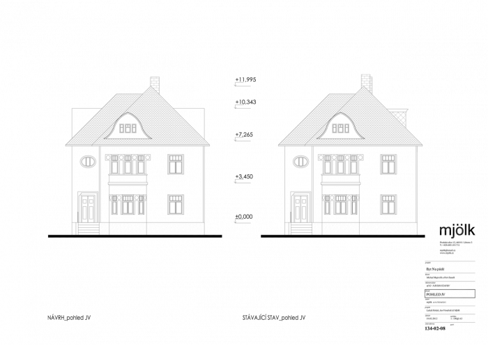 Mjölk architekti, Byt Na půdě, pohled JV, návrh a stávající stav – foto