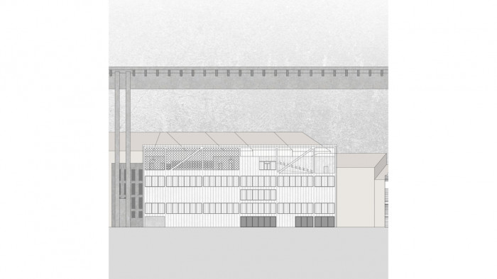 Komunitní sportovní centrum pod Nuselským mostem, západní pohled, Kristýna Vyslychová