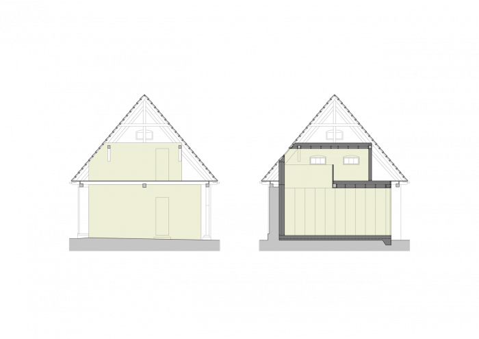 under-construction architects, Ateliér zasunutý do stodoly, řezy – foto
