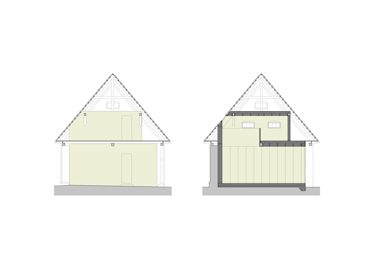 under-construction architects, Ateliér zasunutý do stodoly, řezy – foto