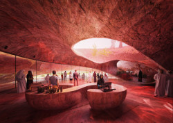 Vítězný návrh studia Petr Janda / brainwork na návštěvnické centrum rezervace plameňáků v Abu Dhabi. Vizualizace: Mykhaylo Slyusar, sdar.cz