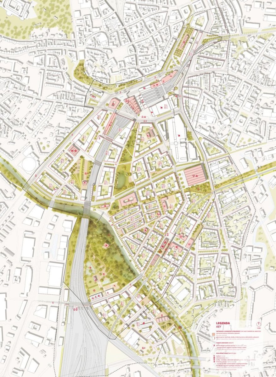 Budoucnost centra Brna, 1. místo: UNIT architekti (CZ), celková situace návrhu v měřítku 1:2500 // finalista – foto