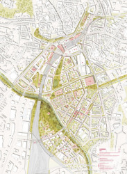 Budoucnost centra Brna, 1. místo: UNIT architekti (CZ), celková situace návrhu v měřítku 1:2500 // finalista – foto