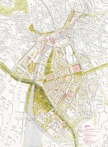 Budoucnost centra Brna, 1. místo: UNIT architekti (CZ), celková situace návrhu v měřítku 1:2500 // finalista – foto