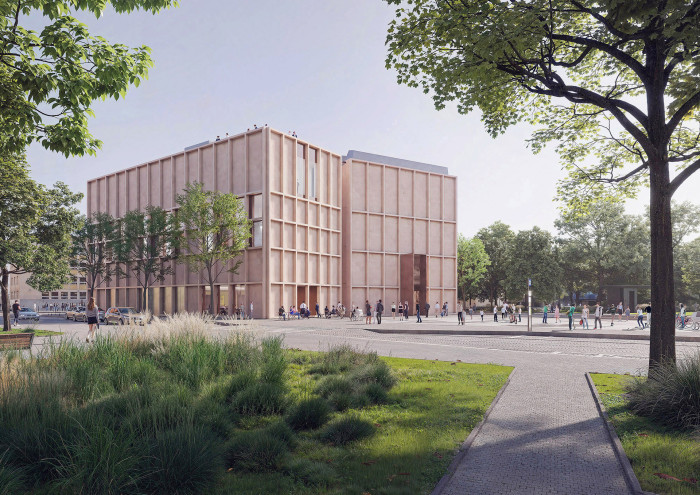 Vizualizace exteriéru – pohled od pošty (Nová budova AJG v Českých Budějovicích; Chalupa architekti a partneři)
