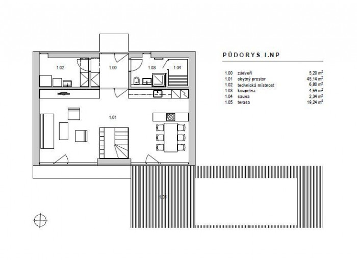 Kompaktní dům, půdorys 1NP, atelier38,