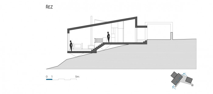 Víkendový dům nad lomem, BLOK architekti, řez