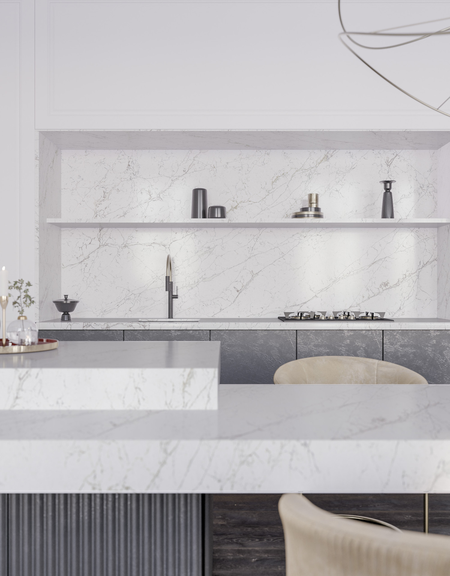 Přední výrobce tvrzeného kamene Technistone představuje novinky pro jaro 2023 se vzory inspirovanými mramorem: na obrázku dekor Calacatta Olympos