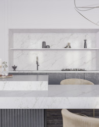 Přední výrobce tvrzeného kamene Technistone představuje novinky pro jaro 2023 se vzory inspirovanými mramorem: na obrázku dekor Calacatta Olympos