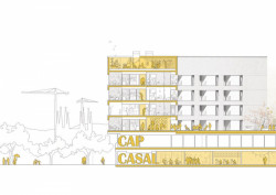 Esteve Bonell, Josep Maria Gil, peris+toral.arquitectes, kolektivní bydlení pro seniory a zdravotní středisko v Barceloně, podélný řez s naznačenými funkcemi, výkres