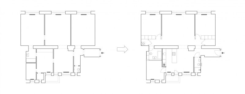 Byt P, TOITO architekti, půdorys před a po