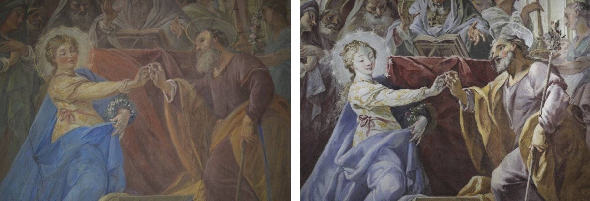 "Zasnoubení Panny Marie" před a po restaurování (Fresky v kostele Narození Panny Marie v Domažlicích restaurovali Jiří Suchan a David Hrabálek)