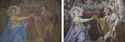"Zasnoubení Panny Marie" před a po restaurování (Fresky v kostele Narození Panny Marie v Domažlicích restaurovali Jiří Suchan a David Hrabálek)