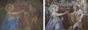 "Zasnoubení Panny Marie" před a po restaurování (Fresky v kostele Narození Panny Marie v Domažlicích restaurovali Jiří Suchan a David Hrabálek)