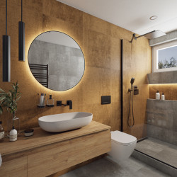 Požadavek zněl - šedá a dřevo. Ze zvoleného řešení s měděno-zlatou imitací kovu byla klientka nakonec nad míru spokojená.