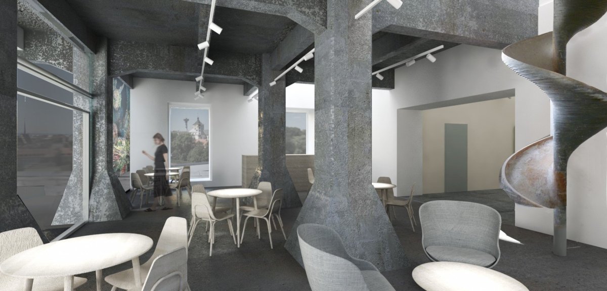 Konverze mlýnské budovy na Východočeskou galerii od studia TRANSAT architekti - kavárna