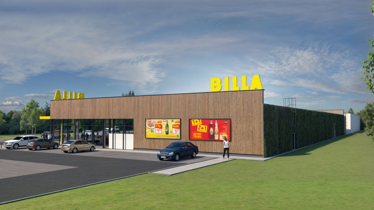 Billa a malé nákupní centrum za obcí Senohraby. Budou ze dřeva.