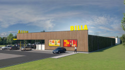 Billa a malé nákupní centrum za obcí Senohraby. Budou ze dřeva.