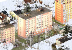 Axonometrie - pohled na mračno bodů v perspektivě v prostředí 3D/BIM programu ArchiCAD. Import mračen bodů proběhl pomocí formátu E57, jenž vznikl zpracováním programu FARO SCENE, který geodetům slouží k registraci mračen bodů z jednotlivých stanovisek získaných z terestrického skeneru FARO FOCUS M70. - zdroj foto