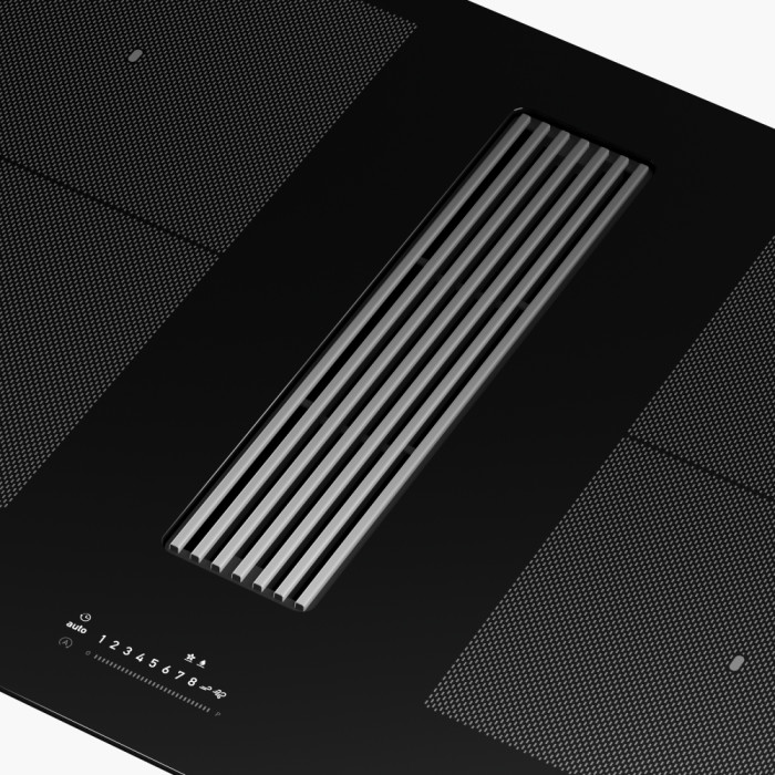 Mřížka odsavač par v indukční varné desce Mythos 2Gether Icon Steel je z tepelně odolného kompozitu v kombinaci nerez povrchovou úpravou.