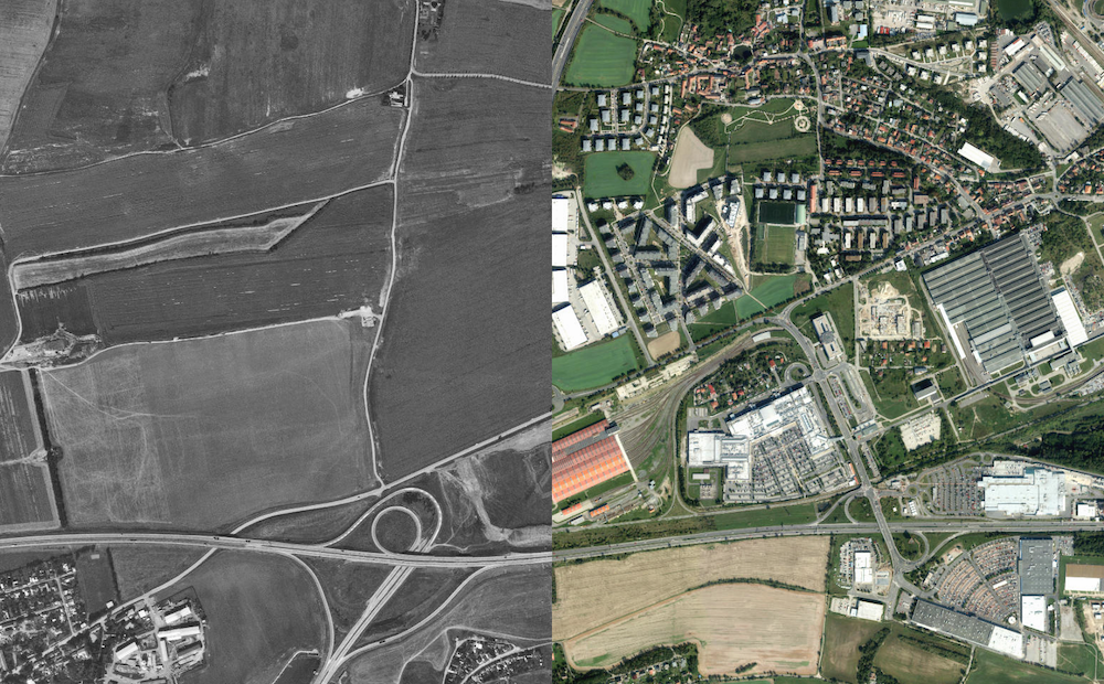 Zličín. Jedna z nejmladších rostoucích oblastí po roce 1989. Srovnání z let 1988-89 a 2019. Zdroj: CAMP