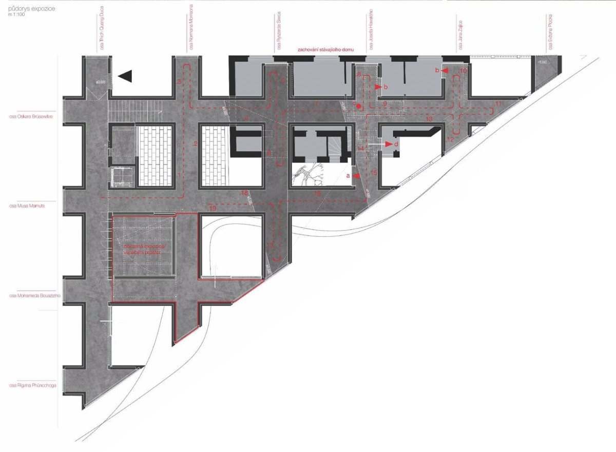 Památník Jana Palacha, RO_AR Szymon Rozwałka architects, půdorys expozice // 3. místo – foto