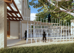 Tribuna v zahradě vybízí návštevníky k volnému trávení času, vizualizace, Tomáš Varga, Jakub Jansa a 20YY Designers