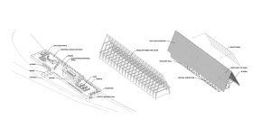 Návštěvnické a vzdělávací centrum Acle Bridge, axonometrie, FAM Architekti, Feilden+Mawson