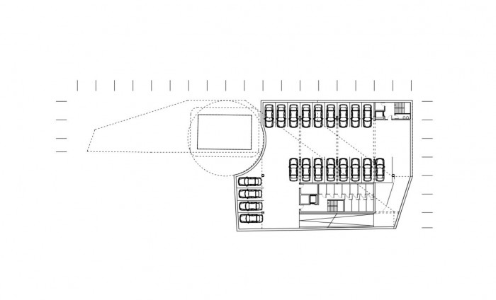 Vítězný návrh bytového domu v Ostravě, půdorys 1PP, Michal Palaščák, dílna.