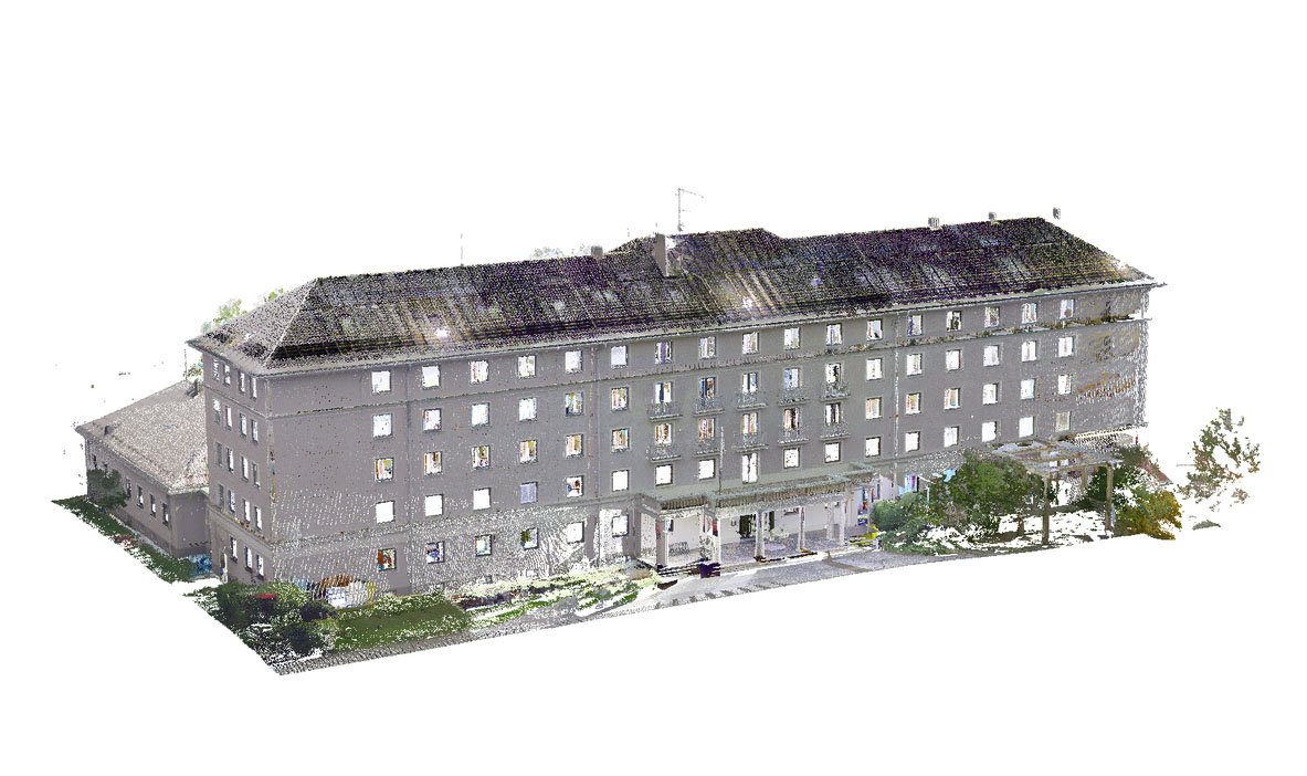 Pro budovu domova mládeže zpracují studenti ve druhém týdnu BIM Akademie dokumentaci stávajícího stavu zaměřenou pomocí 3D skenování. (na obrázku mračno bodů)