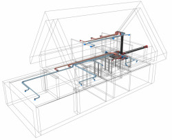 Prostorové zobrazení vytvořeného modelu vzduchotechniky ve zjednodušeném drátěném modelu stavby rodinného domu.