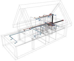 Prostorové zobrazení vytvořeného modelu vzduchotechniky ve zjednodušeném drátěném modelu stavby rodinného domu.