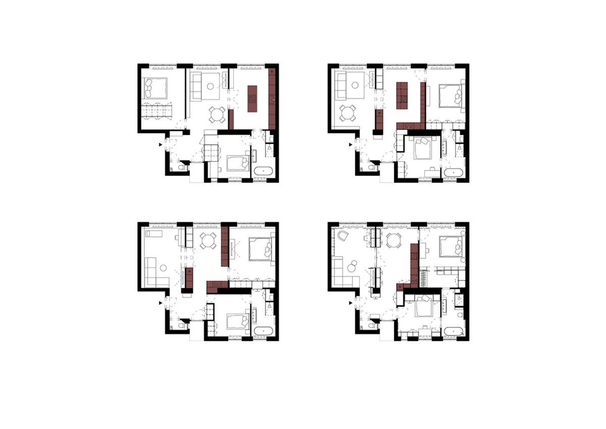 Varianty půdorysu (Byt Mariánska v Bratislavě, NOIZ architekti)