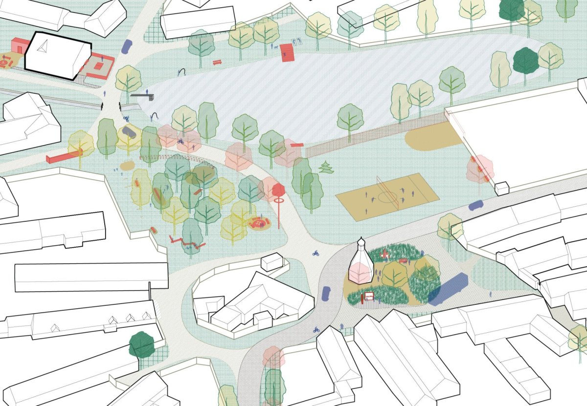 Axonometrie - Studie revitalizace návsi ve Lhotě u Stříbra, krajinné řešení Alice Boušková, participace Eliška Havla - 2023