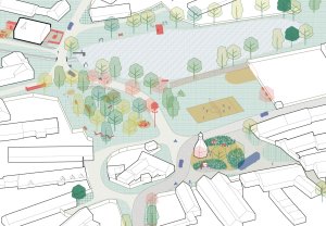 Axonometrie - Studie revitalizace návsi ve Lhotě u Stříbra, krajinné řešení Alice Boušková, participace Eliška Havla - 2023