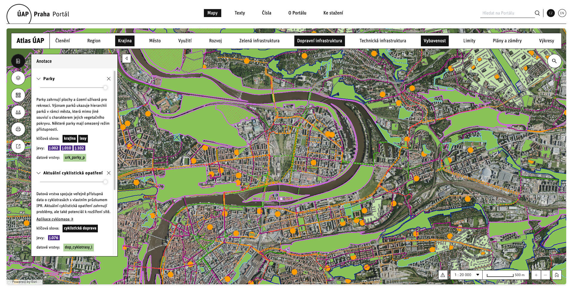 Územně analytické podklady zahrnují nejnovější data o území nebo jeho hodnotách a limitech. (na obrázku parky, cyklistická opatření)