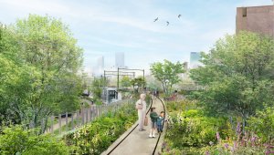 Vizualizace Spoorpunt. Myšlenkou tohoto mostu pro pěší je vytvořit dvoukilometrovou zelenou promenádu městem propojující stále více zahuštěné centrum města s okolní krajinou.