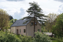 Dům si zachoval obdélníkový půdorys a přístavba došla až ke staré borovici, ta se stala pomyslnou hranicí. (Rodinný dům v Dehtárech, SP-AM)