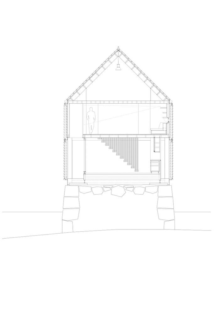 Knut Hjeltnes AS Sivilarkitekter MNAL, chata na osrůvku Sildegarnsholmen, příčný řez, vizualizace