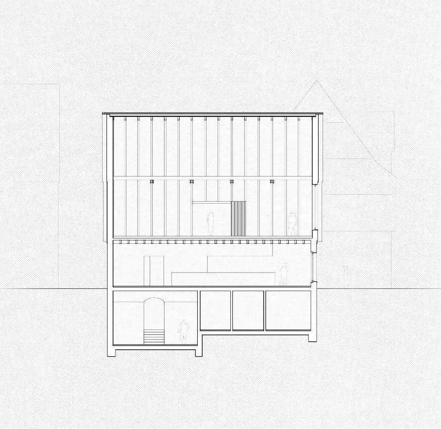Budova restaurace Das Waldhorn v německém Kirchheim unter Teck, KO/OK Architektur a Studio Berardi, řez